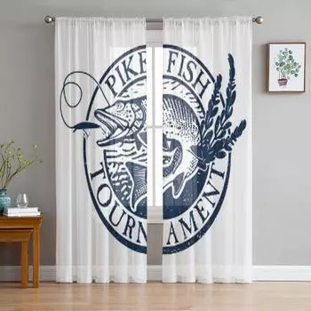 Винтажная эмблема для ловли щуки, элемент дизайна и этикетка, прозрачные шторы для гостиной, тюль, занавеска для окна, спальня, кухня, шторы 135W x 114H(cm)