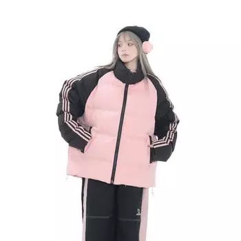Винтажная американская одежда с цветовым сочетанием в полоску с хлопковой подкладкой, женская зимняя куртка для пар из утолщенной ткани S розовый/чёрный