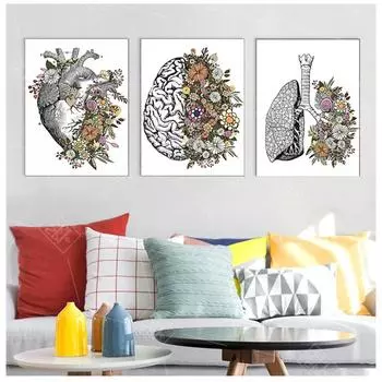 Винтажная анатомия с цветочным сердечком, мозгом, настенная живопись на холсте, ретро постеры и принты, настенные панно, декор для врача и клиники 20x30cm No Frame серый ясень