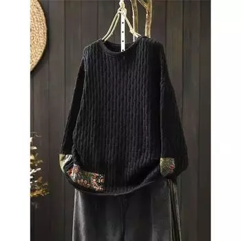 Винтажная аппликация из хлопка с косами, вязаный свитер для женщин с круглым вырезом, свободный напускной пуловер, повседневный топ One Size чёрный