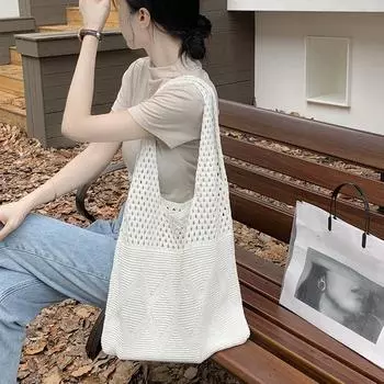 Винтажная ажурная тканая сумка через плечо, вязаная сумка для женщин, большая вместимость, сумка-шоппер, женская пляжная дорожная сумка 35x35cm бежевый