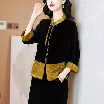 Винтажная бархатная рубашка с пряжкой для женщин среднего возраста, летняя, в китайском стиле, вышитая, модный бутик L чёрный