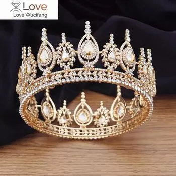 Винтажная барочная желтая хрустальная свадебная корона, украшения для волос, свадебные тиары, круглая диадема невесты, короны для выпускного бала, головной убор