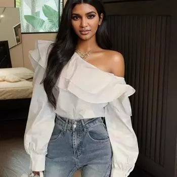 Винтажная белая блузка с открытыми плечами и рюшами, женская мода, свободная элегантная рубашка с длинным рукавом, женские облегающие повседневные сексуальные топы с вырезом 24304 One Size белый