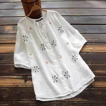Винтажная блузка с цветочной вышивкой и круглым вырезом, женская модная женская рубашка на пуговицах с коротким рукавом, свободные хлопковые и льняные рубашки больших размеров, топы 24505 S тёмно-синий