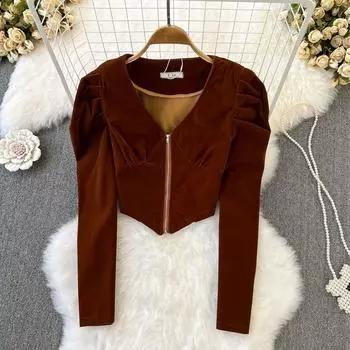 Винтажная блузка с длинным рукавом и v-образным вырезом на молнии, тонкий пуловер, бархатная блузка, нерегулярная короткая стильная блузка для женщин