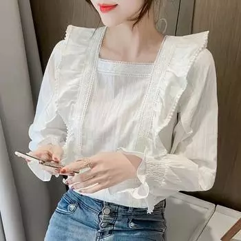Винтажная блузка с квадратным вырезом и пышными рукавами для женщин, модная кружевная приталенная элегантная шифоновая рубашка, женские топы, свободные простые офисные женские белые рубашки 24456 S белый