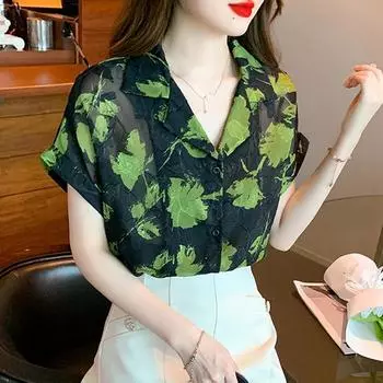 Винтажная блузка с принтом, летние женские топы, сексуальная модная рубашка с v-образным вырезом и коротким рукавом, свободная одежда в гонконгском стиле Blusas 27693 S орион