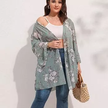 Винтажная блузка с принтом, сексуальные прозрачные топы, летняя рубашка большого размера средней длины, женская блузка с открытой вышивкой, свободная одежда 4XL 28069 L бежевый