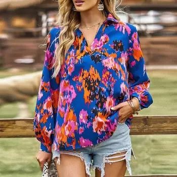 Винтажная блузка с принтом, женская весна-лето, офисные топы с v-образным вырезом Laldy, модная рубашка с длинными рукавами 2023, свободная одежда Blusas 28190 S зелёный