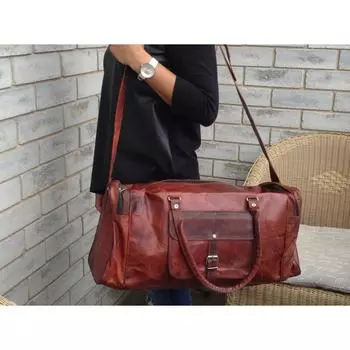 Винтажная большая мужская кожаная спортивная сумка ручной работы ручной работы для переноски на выходных дорожная сумка 25 x 9 x 9.5 in коричневый