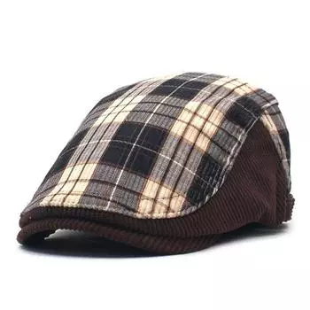 Винтажная британская повседневная мужская шляпа, вельветовый клетчатый лоскутный берет, хлопковый толстый срез, теплая кепка с утиным язычком M56-58cm чёрный