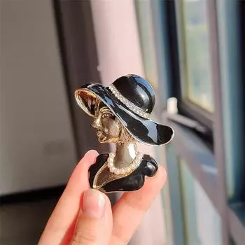 Винтажная брошь из сплава со стразами в виде черной шляпы от солнца с маслом Красивая женская абстрактная портретная брошь-булавка