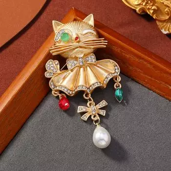 Винтажная брошь в виде кошки для женщин, имитация жемчуга, значки на вечеринку в виде животных, булавки, подарки