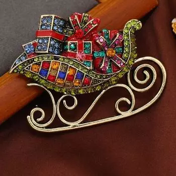 Винтажная брошь в виде рождественских саней с бриллиантами рубиново-зеленого цвета, большая булавка для корсажа, блейзера и одежды