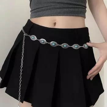 Винтажная цепочка на талию с инкрустацией бирюзой, женское платье, металлический декоративный пояс, овальная цепочка для тела в стиле Spice Girl серебряный