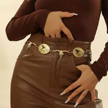 Винтажная цепочка на талию в стиле бохо для женщин и девочек, регулируемая бижутерия для тела, пояс на талию в стиле вестерн, лошадь, бык, универсальный пояс на талию золотой