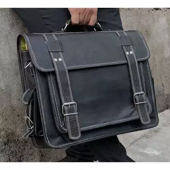 Винтажная черная кожаная сумка через плечо ручной работы, рюкзак, портфель для ноутбука 18 x 13 x 5 in чёрный