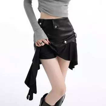 Винтажная черная нестандартная юбка из искусственной кожи для женщин, осень, новый стиль, А-силуэт, мини-юбка до бедра, эстетика 2000-х годов XL чёрный