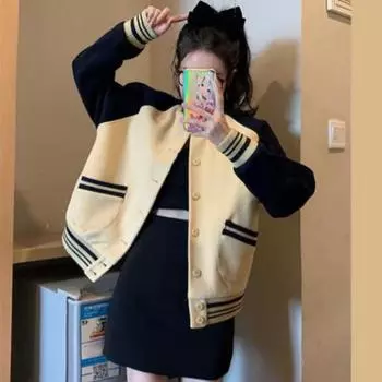 Винтажная цветная блокировка с длинным рукавом свободного покроя толстовка весна-осень однобортная женская толстовка с капюшоном пальто повседневная большая бейсбольная майка кардиган куртка M абрикосовый