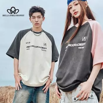 Винтажная цветная футболка с контрастными рукавами, летняя замшевая футболка со старым американским принтом, с коротким рукавом M белый