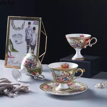 Винтажная цветочная керамика Кофейная чашка и набор тарелок Цветочная чашка для чая Чашки для воды Чашки для завтрака Десертная тарелка Молочная кружка 201-300ml