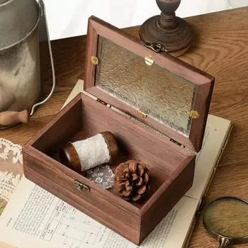 Винтажная деревянная шкатулка для драгоценностей, стеклянная шкатулка для драгоценностей, органайзер для хранения, сундук для драгоценностей, шкатулка для безделушек
