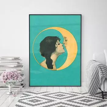 Винтажная девушка целует луну, холст, художественный принт, «Человек на Луне», художественный декор, античное лицо Луны, настенный художественный постер, картина на холсте 21x30cm No Framed