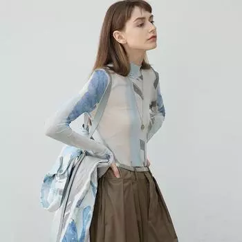 Винтажная дизайнерская одежда Графический принт Сетчатые топы Водолазка Английский стиль Элегантная футболка с длинным рукавом Прозрачные топы Осень S синий