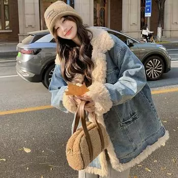 Винтажная джинсовая куртка из овечьей шерсти, женская зимняя свободная бархатная хлопковая одежда, маленькая мужская утолщенная куртка S