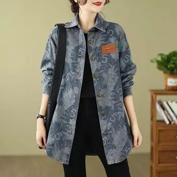 Винтажная джинсовая куртка с цветочным принтом для женщин, ретро-ковбойская рубашка большого размера M