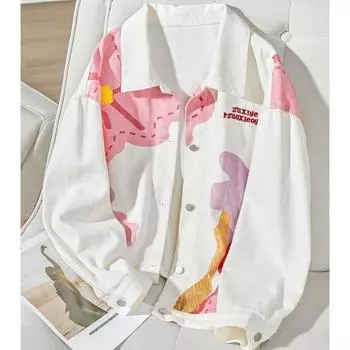 Винтажная джинсовая куртка свободного кроя с цветочным принтом в повседневном гонконгском стиле S белый