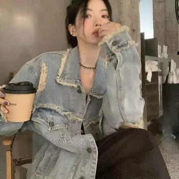 Винтажная джинсовая куртка в стиле ретро с необработанными краями для женщин, весенне-осенняя свободная куртка с длинными рукавами, топ S светло-синий