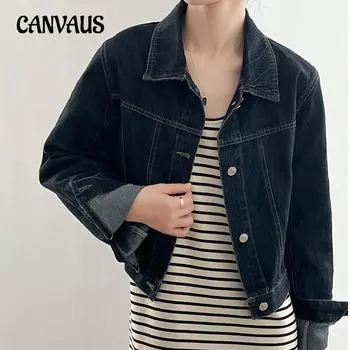 Винтажная джинсовая куртка женская весенняя однобортная короткая куртка с лацканами M темно-синий