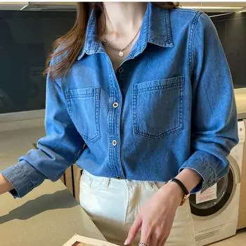 Винтажная джинсовая рубашка для женщин, свободная повседневная блузка с длинными рукавами S синий