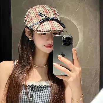 Винтажная джинсовая шляпа с бантом спереди детская весенне-осенняя клетчатая красная шляпа художника летняя тонкая M56-58cm красный