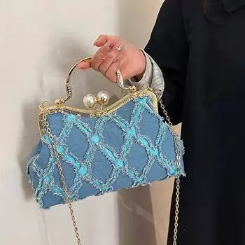 Винтажная джинсовая сумка через плечо светло-голубая сумка клатч с металлической цепочкой старый замок поцелуй кроссбоди каркас вечерняя сумка новая