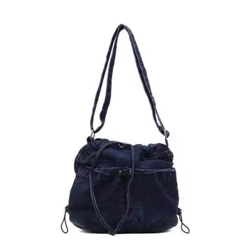 Винтажная джинсовая сумка через плечо женская сумка через плечо сумка-ведро с завязками и скошенной кромкой темно-синий