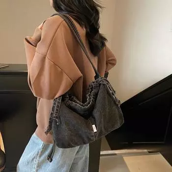 Винтажная джинсовая сумка через плечо женская сумка-ведро с завязками на шнурке сумка через плечо для поездок на работу темно-синий