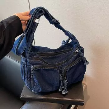 Винтажная джинсовая сумка через плечо Женская вместительная сумка-мессенджер Многокарманная сумка-сатчел Регулируемый ремешок Женская сумка кроссбоди 30x12x21cm темно-синий