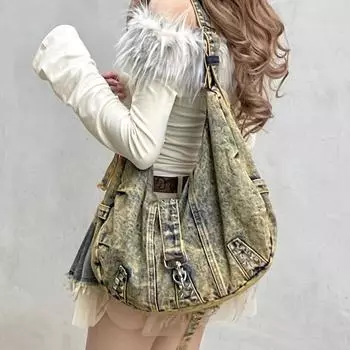 Винтажная джинсовая сумка-тоут, трендовая сумка на плечо, повседневная сумка через плечо для поездок на работу чёрный