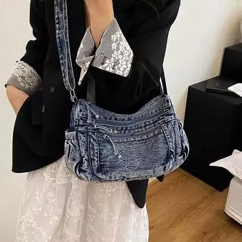 Винтажная джинсовая сумка женская сумка-тоут для поездок на работу большая вместительная сумка через плечо синий