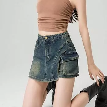 Винтажная джинсовая юбка больших размеров для женщин, дизайнерская чувственность, облегающее мини-платье с высокой талией, шорты, защищающие от воздействия внешней среды S