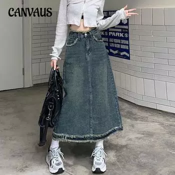 Винтажная джинсовая юбка до половины тела, юбки трапециевидной формы, прямая винтажная юбка средней длины с высокой талией для женщин S синий