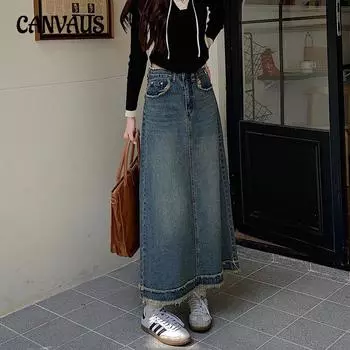 Винтажная джинсовая юбка, джинсовая юбка с необработанными краями для женщин, прямая юбка трапециевидной формы длиной до половины тела S синий