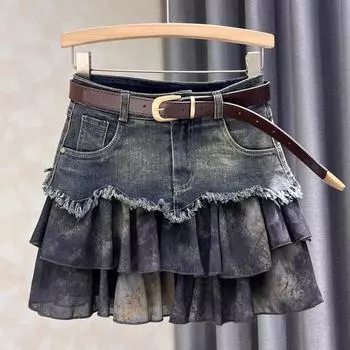 Винтажная джинсовая юбка с плетением для женщин Юбка-карандаш Y2K с высокой талией, стройнящая А-силуэта, короткая мини-юбка S