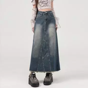 Винтажная джинсовая юбка средней длины с необработанным краем для женщин, весна-осень, высокая талия, прямая юбка А-силуэта с разрезом, одежда Y2k, большие размеры S