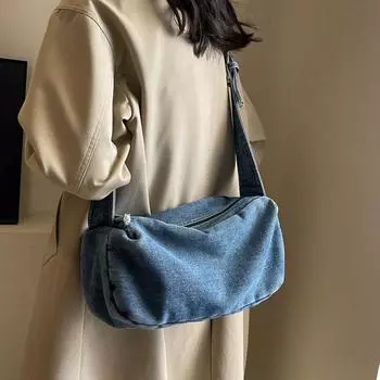 Винтажная джинсовая женская сумка через плечо, однотонная, большая вместительная сумка через плечо, простые женские сумки с подвесками, новые