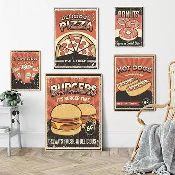 Винтажная еда Пицца Бургер Хот-доги Попкорн Пончики Настенный арт-постер Скандинавский современный домашний декор Ресторан Кухня Магазин Распечатать изображение 21x30cm No Framed