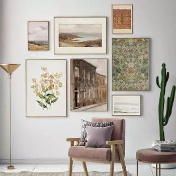 Винтажная европейская галерея Настенная печать Ретро Цветочный эскиз Искусство Холст Картина ПостерыКартина Нейтральный французский деревенский домашний декор 21x30cm No Framed